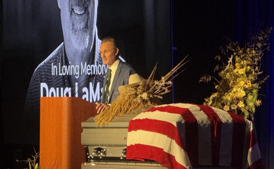 California Assemblyman James Gallagher speaking at Doug LaMalfa's memorial service at the Silver Dollar Fairgrounds in Chico on Jan. 24, 2026.