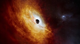 This illustration provided by the European Southern Observatory in February 2024, depicts the record-breaking quasar J059-4351, the bright core of a distant galaxy that is powered by a supermassive black hole. The supermassive black hole, seen here pulling in surrounding matter, has a mass 17 billion times that of the Sun and is growing in mass by the equivalent of another Sun per day, making it the fastest-growing black hole ever known.