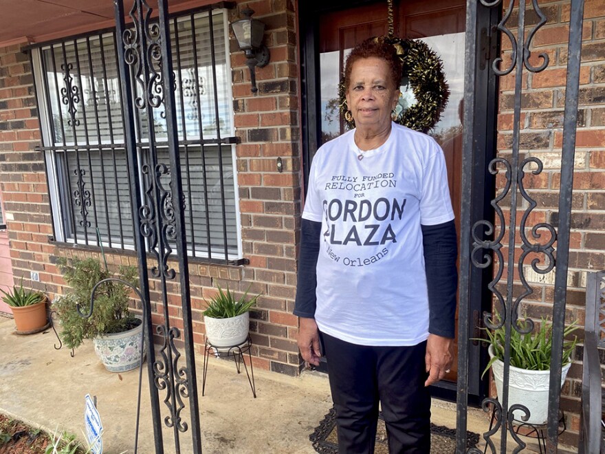 Lydwina Hurst stands in front of her home, purchased in the 1980s, in Gordon Plaza, a neighborhood built on a former toxic landfill. She told Regan that she and other residents are demanding the City of New Orleans fully fund their relocation.