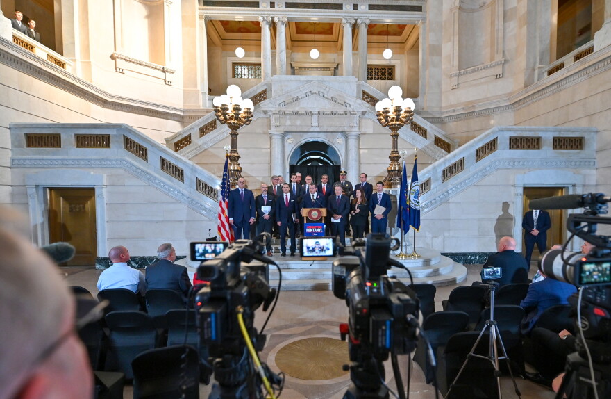 Luzerne County District Attorney Sam Sanguedolce introduces U.S. Sen. Dave McCormick at Monday's fentanyl press conference.
