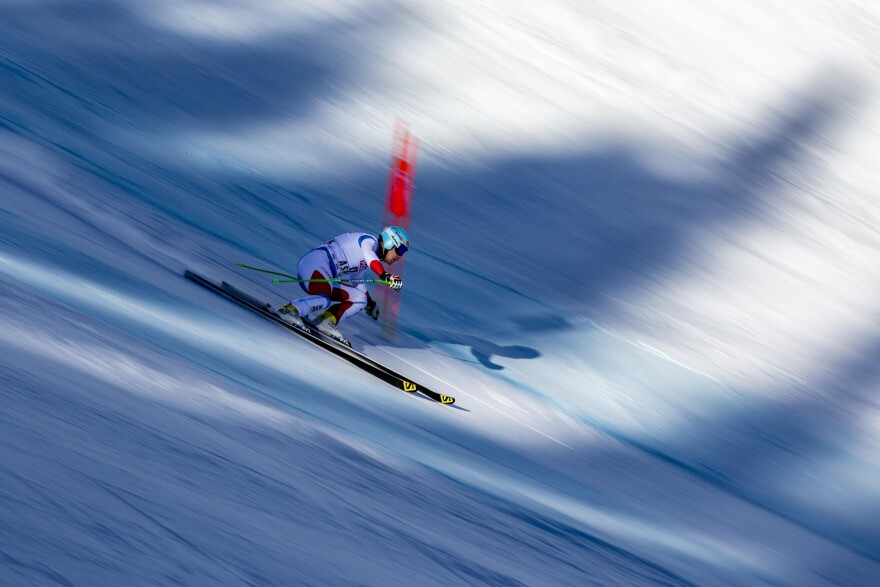 A skier competes in the World Cup Finals downhill race at Aspen Mountain on March 25, 2017.