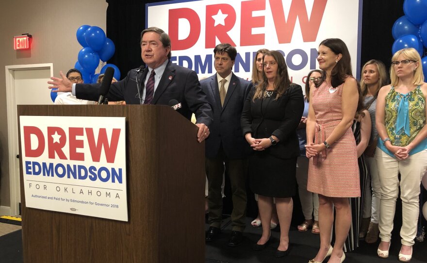 Drew Edmondson address supporters after winning the Democratic nomination for governor.