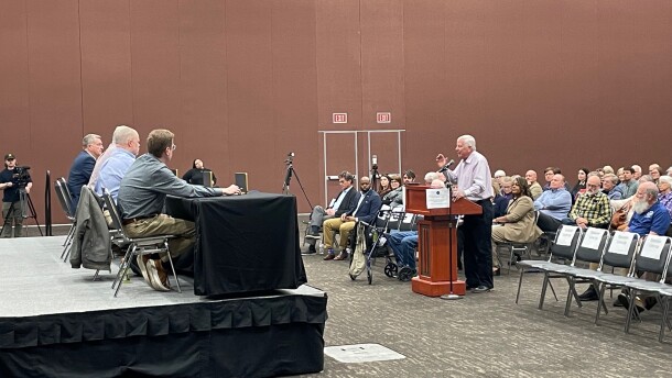 Indiana State Senator Jim Tomes speaks during an IURC listening session in Evansville, April 7, 2026