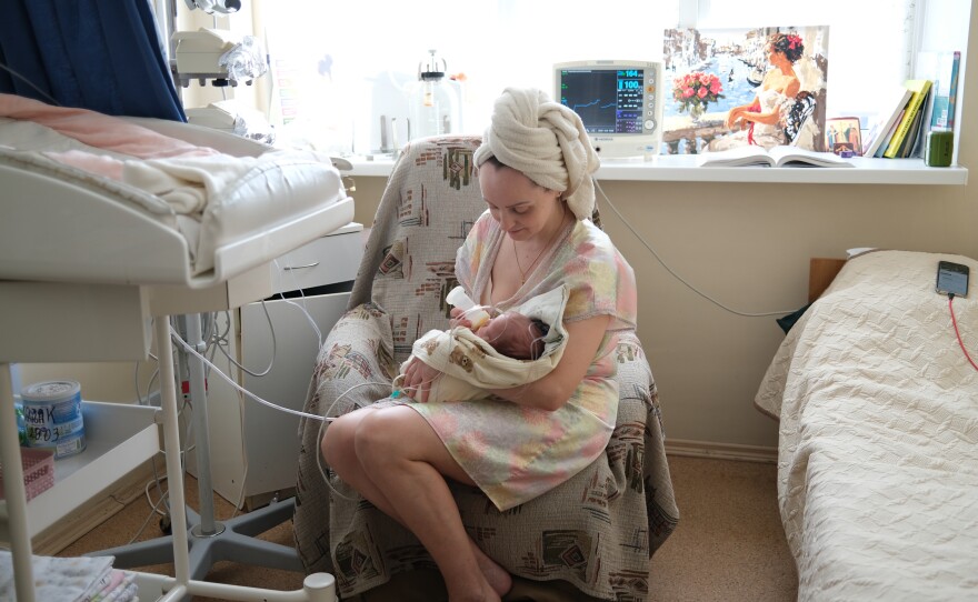 Tetiana cradles her newborn son, Volodymyr Kozak, inside the neonatal ward at the National Specialized Children’s Hospital “Okhmatdyt” in Kyiv, Ukraine.