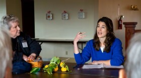 Rep. Marie Gluesenkamp Perez speaks with residents of Vista Del Rio manufactured home park on Oct. 22, 2025.