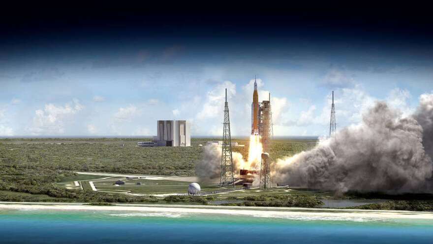 Artist's impression of the SLS launching from Kennedy Space Center. Image: NASA