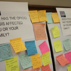 Sticky notes with handwritten comments from people with lived experience of addiction displayed by the Gulf States Newsroom at the Mississippi State Capitol in Jackson, Mississippi, on Thursday, March 12, 2026.