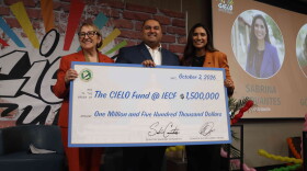 State Senators Sabrina Cervantes and Eloise Gómez Reyes present CIELO Fund founder Jesse Melgar with a $1.5 million check to support new initiatives focused on research, civic engagement and media coverage of the Inland Empire’s Latino communities during the CIELO Grants and Scholarships Brunch in Riverside on Saturday, October 3, 2026. .