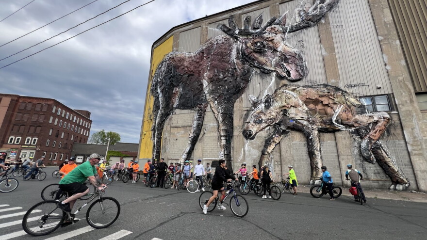 Nearly 50 cyclists, as well as the mayor of Holyoke, gathered in front of the "Father and baby moose" mural found off of Clemente and Crescent streets during a bike tour on Monday, May 13, 2024. Artist Bordalo II and others worked to make the piece a reality as part of a collaboration involving the group Beyond Walls.
