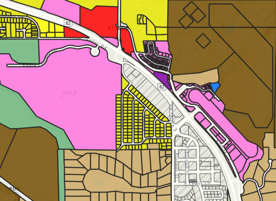 A draft of Eagle County’s new zoning map shows proposed zoning codes in El Jebel, including rezoning a parcel for mixed-use development, shown here in dark purple.