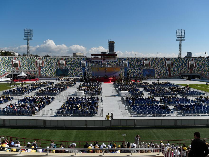 Pope Francis celebrates a Mass in Tbilisi's stadium on Saturday.