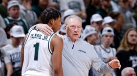 Michigan State coach Tom Izzo talks with guard Jeremy Fears Jr. (1) during the second half of an NCAA college basketball game, Saturday, Jan. 24, 2026, in East Lansing, Mich.