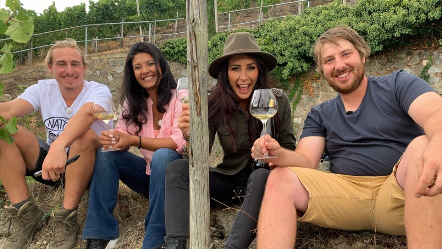 4 people sitting on a the ground with glasses of wine