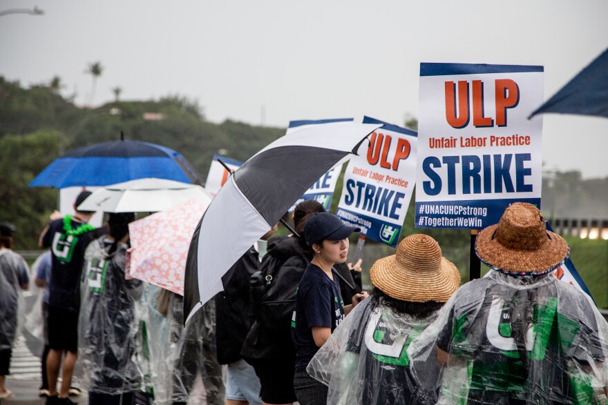 Nurses and health care workers participate in a union strike outside Kaiser Permanente Moanalua Medical Center on Monday, Jan. 26, 2026.