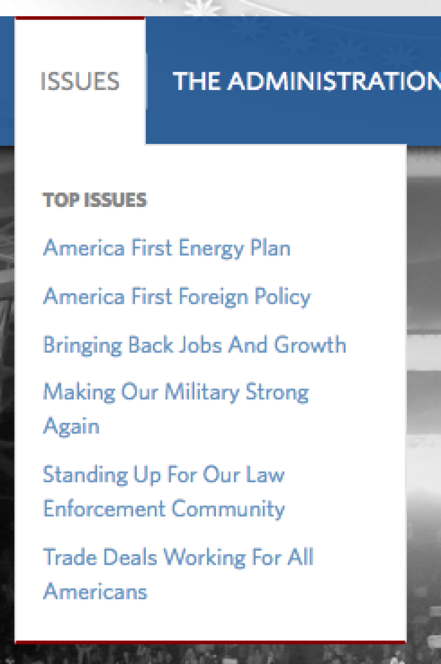 The White House website Friday listed six issue areas reflecting several of Trump's policy priorities.