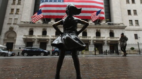 The Fearless Girl statue stands in front of the New York Stock Exchange near Wall Street on March 23, 2020 in New York City. (Angela Weiss/AFP via Getty Images)