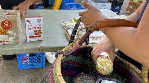 FILE - A person shops at an Urban Gleaners Free Food Market in Portland, Ore., in this May 25, 2023, file photo.