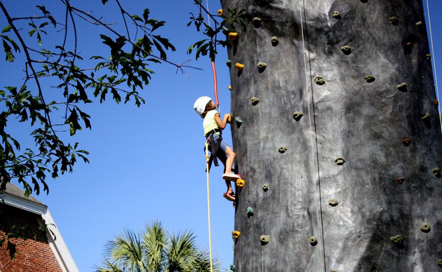 Royale Hopkins reaches the top of the rock climb wall as local Boy Scouts coach her to the finish. (Photo by Caroline Strogis)