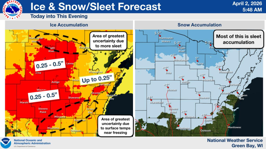 Highest ice amounts of 0.25 to 0.5 inches will be possible over portions of central to far northeast Wisconsin. When combined with gusty winds, power outages and broken tree limbs will be possible, as well as ice-covered spots on roads during the morning commute. The evening commute could also be impacted over northern WI as the wintry mix continues into this evening.
