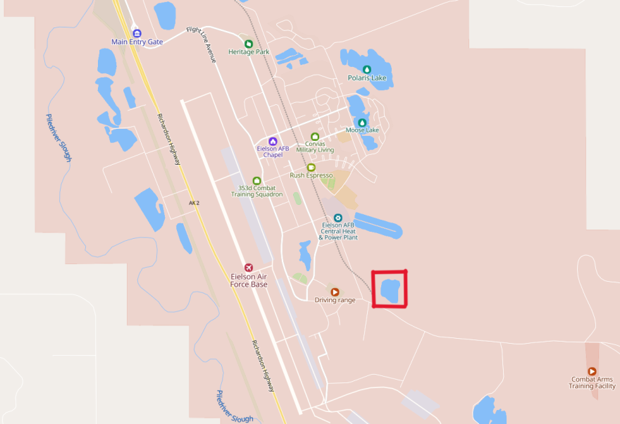 The Air Force's preferred location for the microreactor is near Spruce Lake, outlined in a red square east of the south end of the main runway.