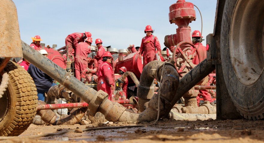 A frack operation in the Permian Basin of Texas, the nation's highest-producing oilfield. The Basin was once the floor of an ancient seabed that today is laden with hydrocarbons.