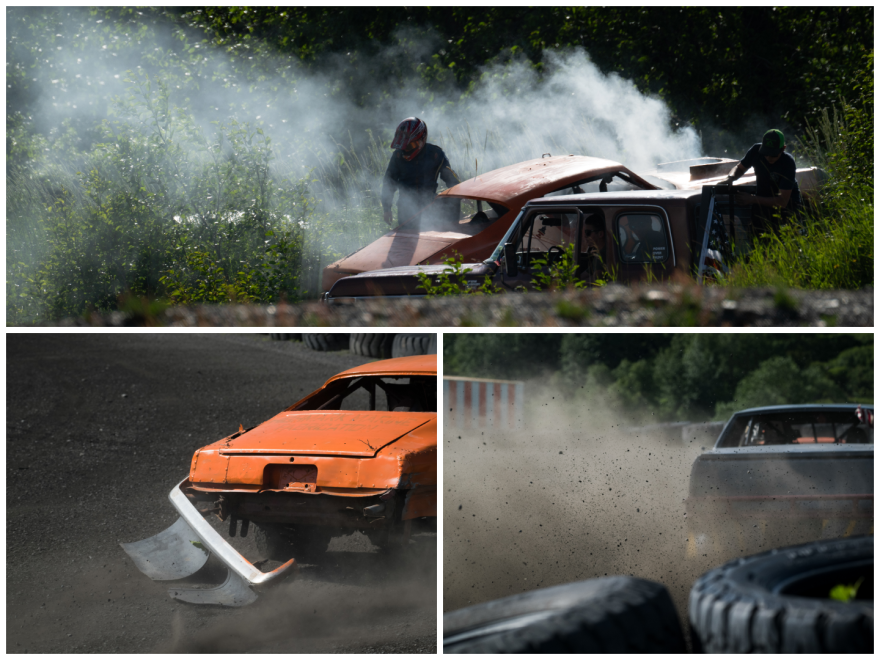 Race day never happens without hiccups. Top: A racer takes stock of his smoking car as a pit crew pulls up to help him on July 11, 2026. Left: A car exits the race after its rear bumper comes loose during a race on July 11, 2026. Right: A stock car kicks up mud and dust after hitting tires on the outside corner of the track during a race on July 11, 2026.