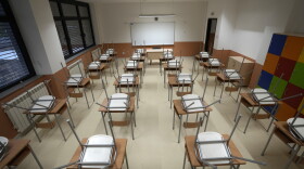 An empty classroom of a primary school in the village of Belegis, 25 kilometers west of Belgrade, Serbia, Wednesday, Sept. 1, 2021. Schools in Serbia reopened as normal on Wednesday, except in southwestern Serbia, where some classes will be held online due to the high numbers of new coronavirus infections. (AP Photo/Darko Vojinovic)