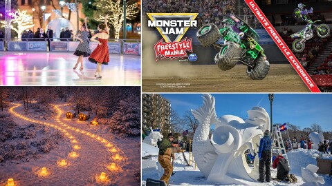 (Clockwise from top left) Broadway Skates MKE, Monster Jam, Lake Geneva Winterfest and Light the Hart.