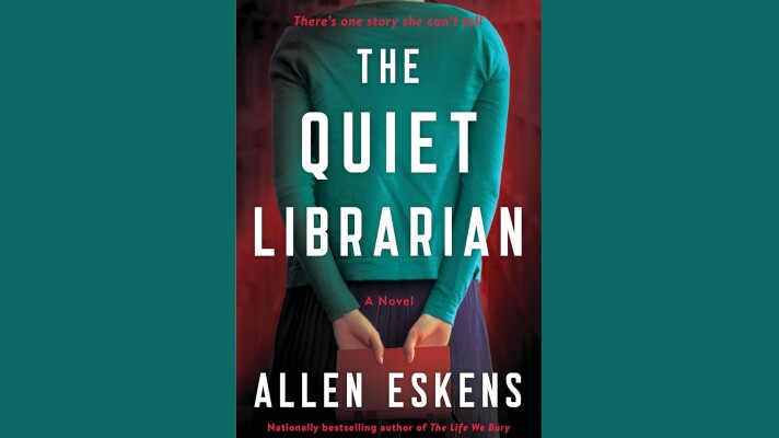 Cover of "The Quiet Librarian" by Allen Eskens; a woman turned away and holding a book behind her