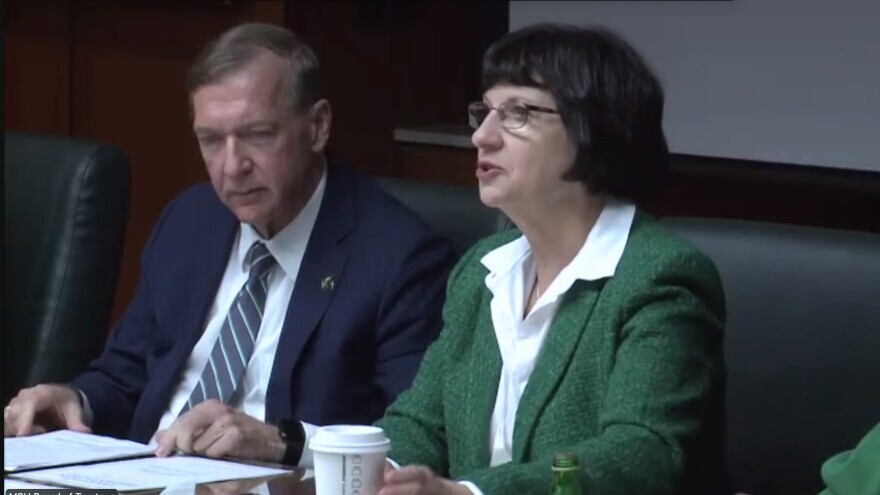 MSU president Samuel Stanley Jr. (L) and board chair Dianne Byrum at Friday's trustees meeting.