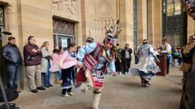 Members of Gaëni:yo’s Seneca dance group perform during the third annual Haudenosaunee flag raising at Buffalo City Hall.