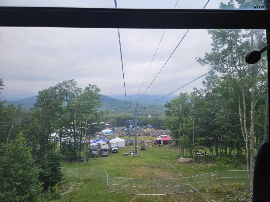 On the gondola up Belleayre Mountain, Mountain Jam quickly receding into the distance.