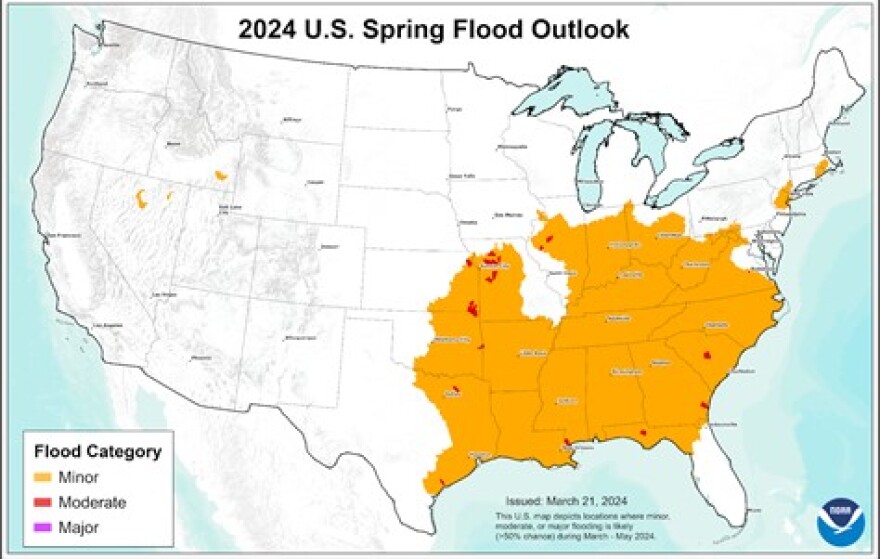 This map depicts the locations where there is a greater than 50% chance of minor to major flooding during April through June, 2024.