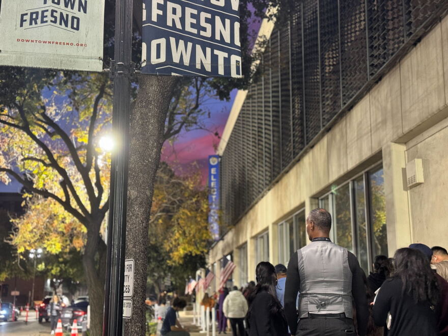 Voters line up to cast their votes in downtown Fresno, Calif., on Election Day, Nov. 5, 2024.