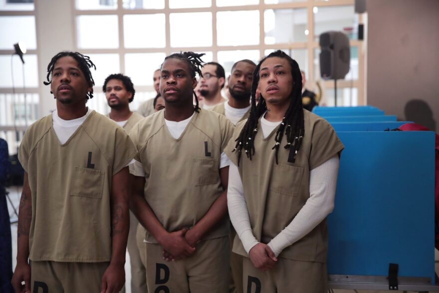 Inmates at the Cook County Jail line up to vote in the Illinois primary election after a polling place in the facility was officially opened for early voting on in Chicago, Illinois.