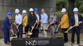 Kentucky Gov. Andy Beshear (center) and other officials broke ground on a new regional medical examiner's office in Highland Heights on Sept. 18, 2026.