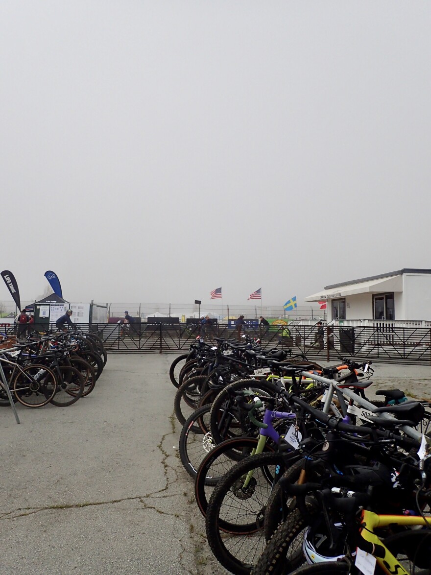 Dozens of bikes are parked close together in front of a fence and small building. Fog creates a grey background.