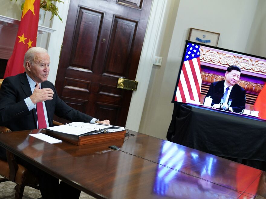 President Biden meets with China's President Xi Jinping during a virtual summit from the Roosevelt Room of the White House in Washington, D.C., Nov. 15, 2021.