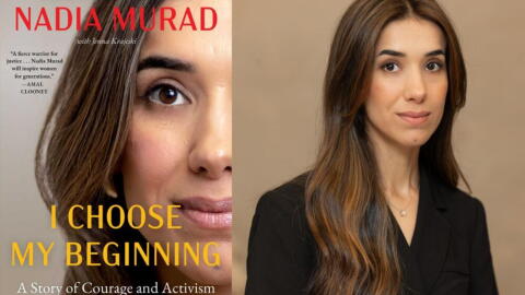 The cover of "I Choose My Beginning" and author Nadia Murad. (Courtesy of Simon & Schuster and Demetric Blyther)