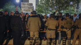 State Troopers in riot gear pushed protesters away from the building where white nationalist Richard Spencer was speaking at Texas A&M in 2016.  