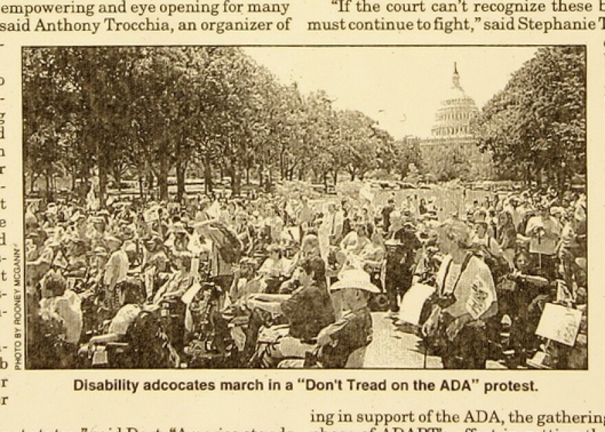 A clipping from Able News in June 1999 depicting American Disabled for Attendant Programs Today's (ADAPT) May 12, 1999 "Don't Tread on the ADA" protest where thousands of disabled people and allies gathered in Washington, DC as the Supreme Court considered Olmstead vs L.C.