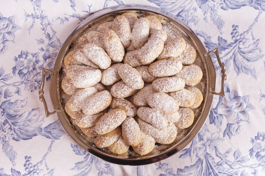<em>Maamoul</em> stacked on a platter in the way Attar's mother typically serves them.