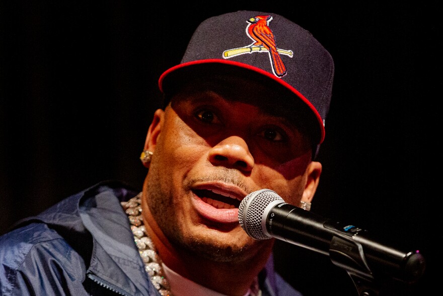 Nelly speaks to students and members of the media on Tuesday during 314 Day celebrations at Harris-Stowe State University in Midtown.