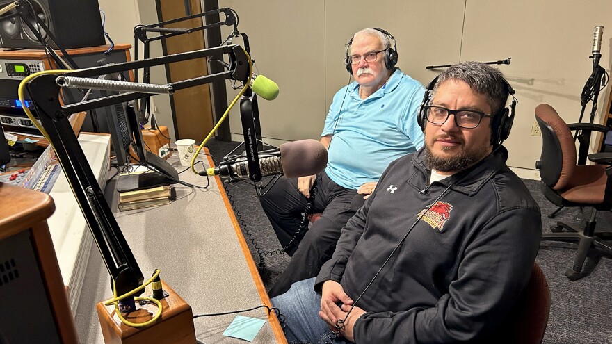 Aaron Hebert (left) and Ramon Vargas (right) sit down for an interview at WWNO in New Orleans on January 31, 2024.