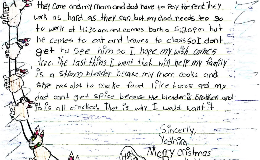 In her letter to Santa this year, Yadhira asks for help with her family's bills