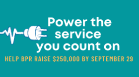 Web banner with "power the service you count on" and a power plug on green background