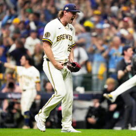 Milwaukee Brewers pitcher Trevor Megill celebrates their win in Game 1 of baseball's World Series, Friday, Oct. 23, 2026, in Milwaukee, between the Milwaukee Brewers and the Tampa Bay Rays.