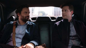 Tommy (Jake Johnson) and Andy Samberg (as himself), shown.
