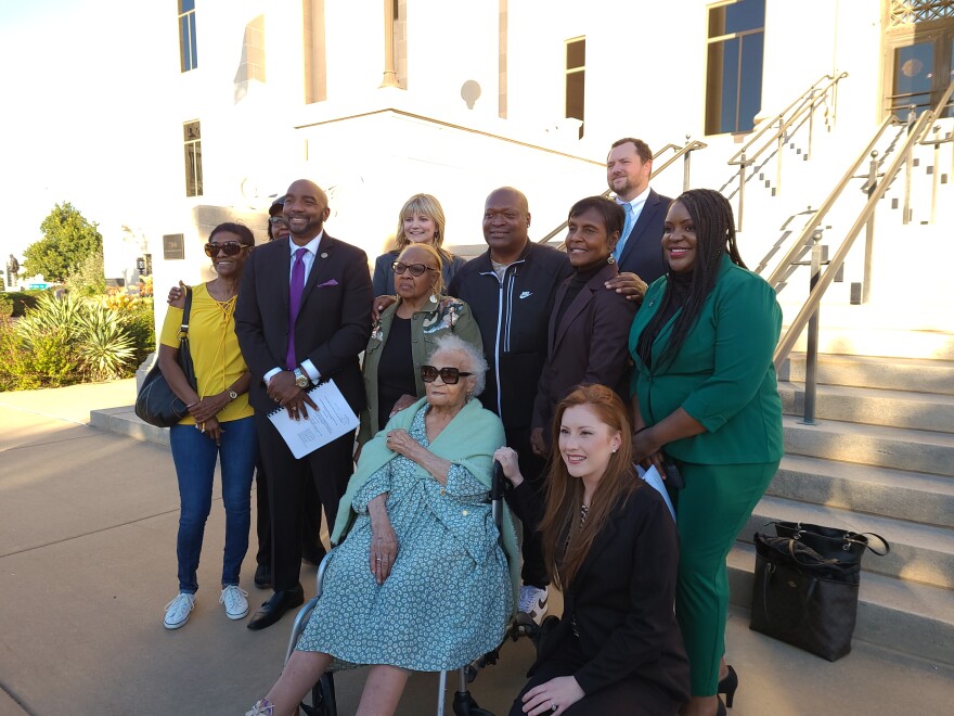 Tulsa Race Massacre survivor Viola Fletcher (center, front) with members of her legal team in front of the Oklahoma Supreme Court building on Monday, Nov. 6, 2023.