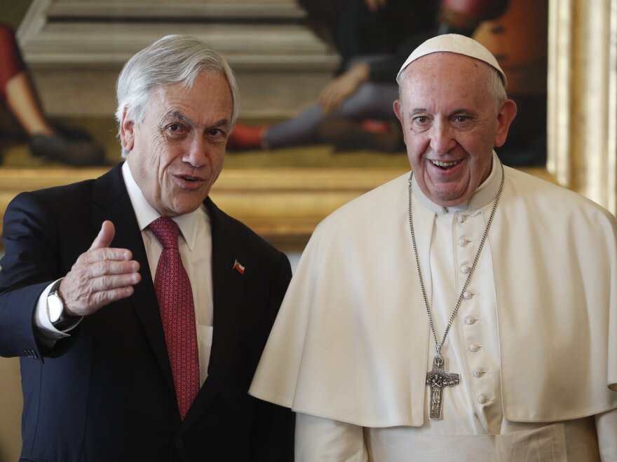 Pope Francis meets with Chilean President Sebastian Pinera during a private audience Saturday at the Vatican.